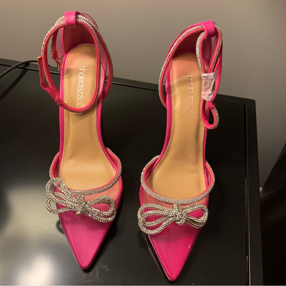 Shoe Dazzle New Pink Clear Crystal Double Bow Bow Pointed Toe Pumps